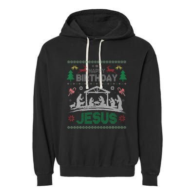 Christmas Outfit Happy Birthday Jesus Holiday Ugly Sweater Garment-Dyed Fleece Hoodie