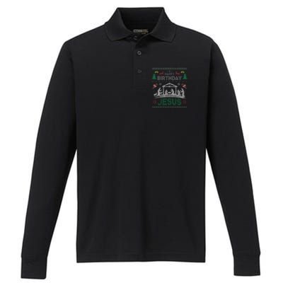 Christmas Outfit Happy Birthday Jesus Holiday Ugly Sweater Performance Long Sleeve Polo