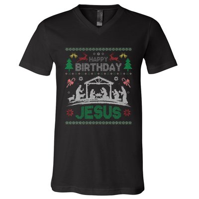 Christmas Outfit Happy Birthday Jesus Holiday Ugly Sweater V-Neck T-Shirt