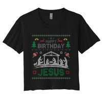 Christmas Outfit Happy Birthday Jesus Holiday Ugly Sweater Women's Crop Top Tee