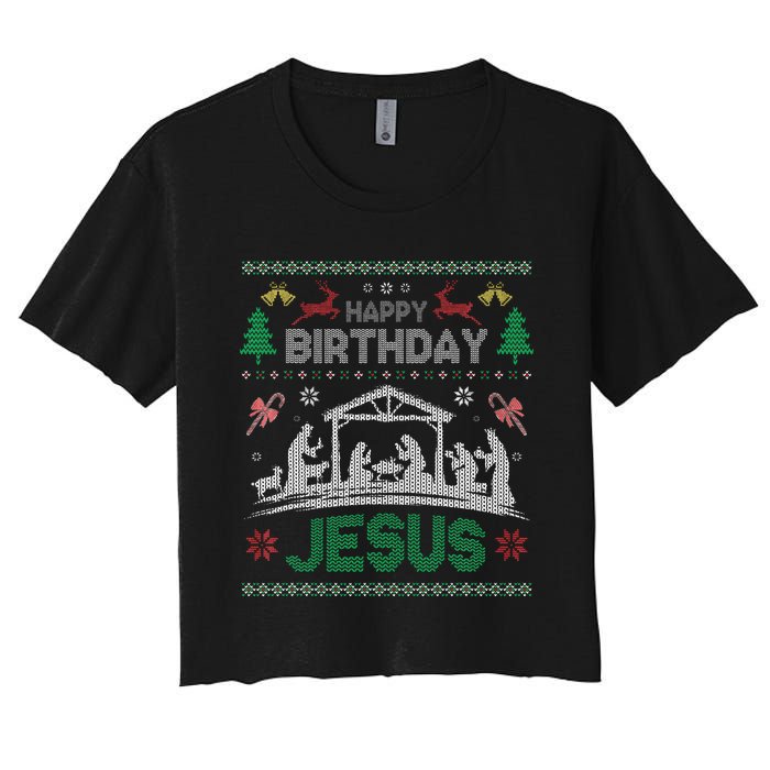 Christmas Outfit Happy Birthday Jesus Holiday Ugly Sweater Women's Crop Top Tee