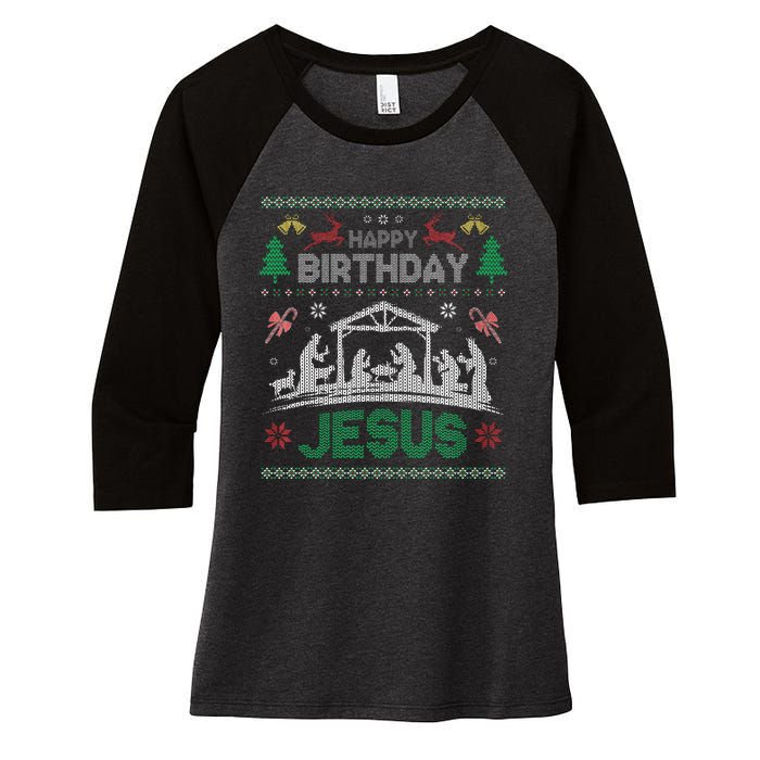 Christmas Outfit Happy Birthday Jesus Holiday Ugly Sweater Women's Tri-Blend 3/4-Sleeve Raglan Shirt