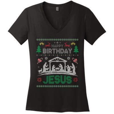 Christmas Outfit Happy Birthday Jesus Holiday Ugly Sweater Women's V-Neck T-Shirt