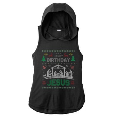 Christmas Outfit Happy Birthday Jesus Holiday Ugly Sweater Ladies PosiCharge Tri-Blend Wicking Draft Hoodie Tank