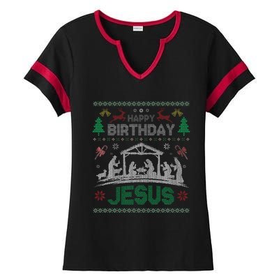 Christmas Outfit Happy Birthday Jesus Holiday Ugly Sweater Ladies Halftime Notch Neck Tee