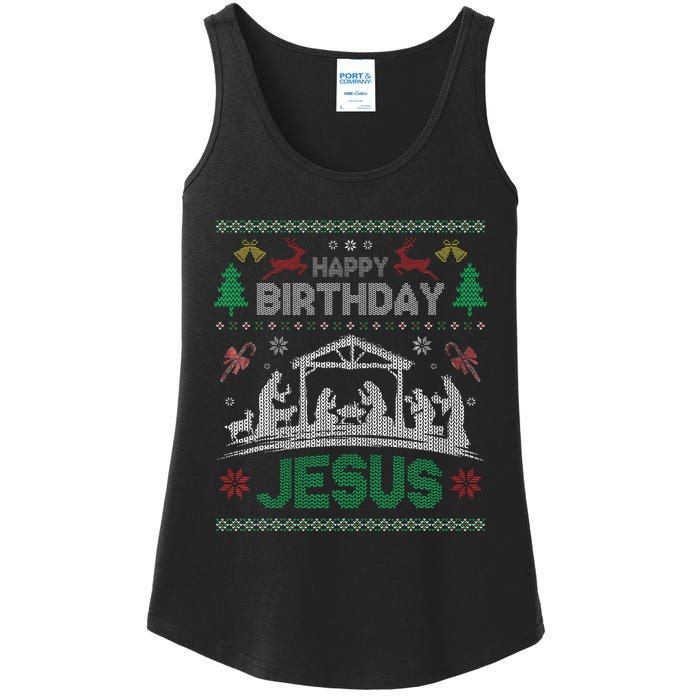 Christmas Outfit Happy Birthday Jesus Holiday Ugly Sweater Ladies Essential Tank