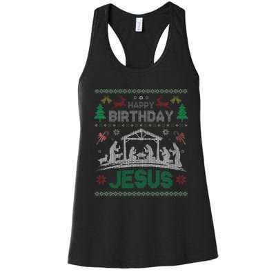 Christmas Outfit Happy Birthday Jesus Holiday Ugly Sweater Women's Racerback Tank