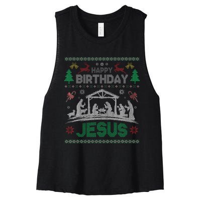 Christmas Outfit Happy Birthday Jesus Holiday Ugly Sweater Women's Racerback Cropped Tank