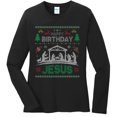 Christmas Outfit Happy Birthday Jesus Holiday Ugly Sweater Ladies Long Sleeve Shirt