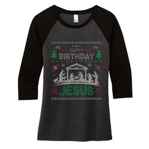 Christmas Outfit Happy Birthday Jesus Holiday Ugly Sweater Women's Tri-Blend 3/4-Sleeve Raglan Shirt