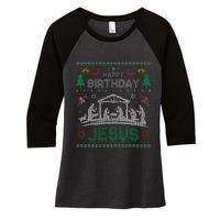 Christmas Outfit Happy Birthday Jesus Holiday Ugly Sweater Women's Tri-Blend 3/4-Sleeve Raglan Shirt