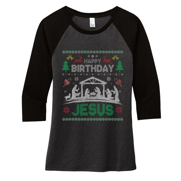 Christmas Outfit Happy Birthday Jesus Holiday Ugly Sweater Women's Tri-Blend 3/4-Sleeve Raglan Shirt