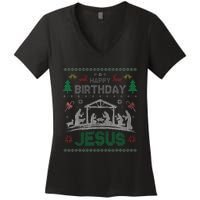 Christmas Outfit Happy Birthday Jesus Holiday Ugly Sweater Women's V-Neck T-Shirt