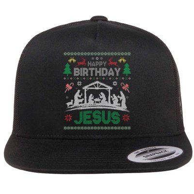 Christmas Outfit Happy Birthday Jesus Holiday Ugly Sweater Flat Bill Trucker Hat