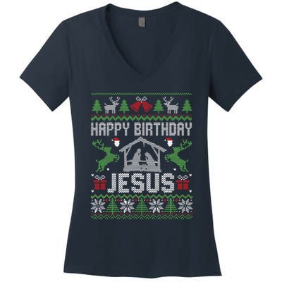 Christmas Outfit Happy Birthday Jesus Holiday Ugly Sweater Women's V-Neck T-Shirt