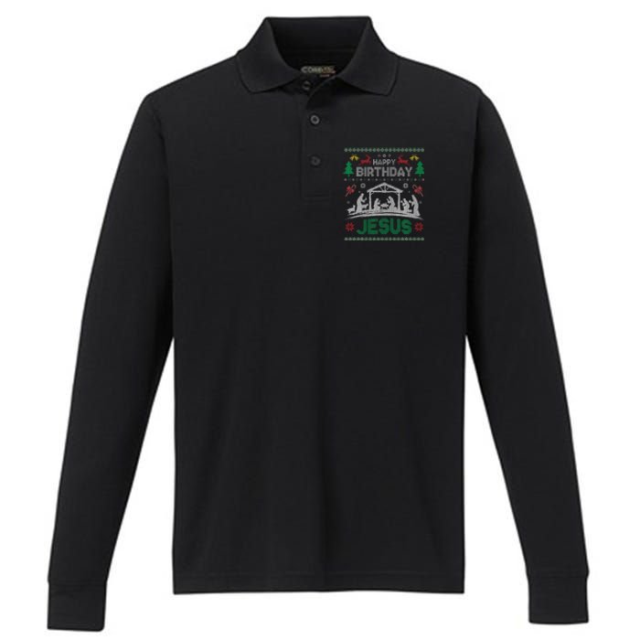 Christmas Outfit Happy Birthday Jesus Holiday Ugly Performance Long Sleeve Polo