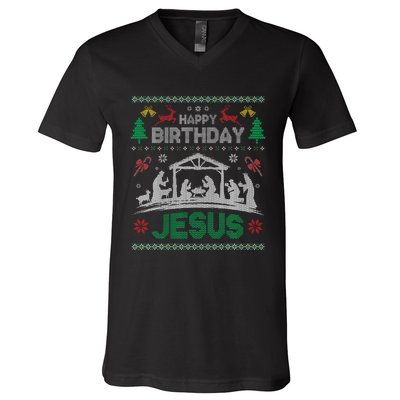 Christmas Outfit Happy Birthday Jesus Holiday Ugly V-Neck T-Shirt