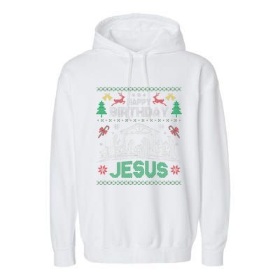 Christmas Outfit Happy Birthday Jesus Holiday Ugly Garment-Dyed Fleece Hoodie