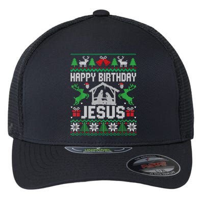 Christmas Outfit Happy Birthday Jesus Holiday Ugly Sweater Flexfit Unipanel Trucker Cap