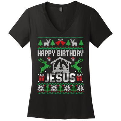 Christmas Outfit Happy Birthday Jesus Holiday Ugly Sweater Women's V-Neck T-Shirt