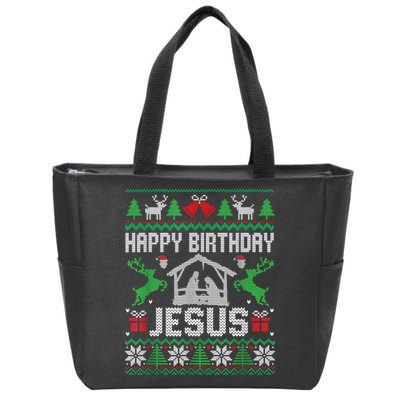 Christmas Outfit Happy Birthday Jesus Holiday Ugly Sweater Zip Tote Bag