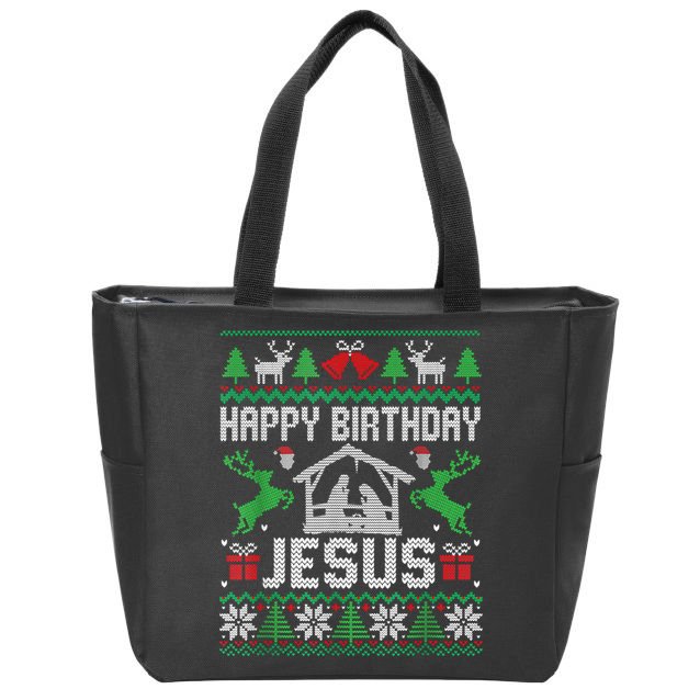 Christmas Outfit Happy Birthday Jesus Holiday Ugly Sweater Zip Tote Bag