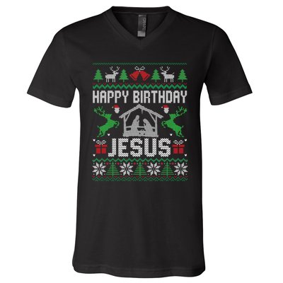 Christmas Outfit Happy Birthday Jesus Holiday Ugly V-Neck T-Shirt