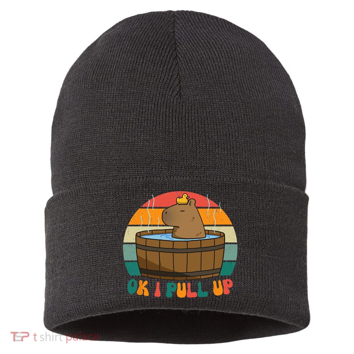 Capybara Ok I Pull Up Vintage Cute Funny Retro Rodent Sustainable Knit Beanie