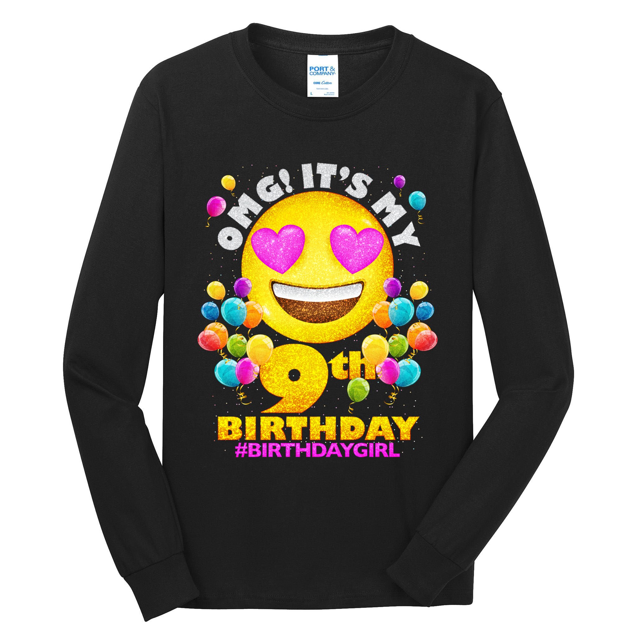 Cute OMG It's My 9th Birthday #BirthdayGirl Emoji Tall Long Sleeve T-Shirt