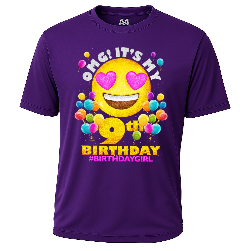 Cute OMG It's My 9th Birthday #BirthdayGirl Emoji Cooling Performance Crew T-Shirt