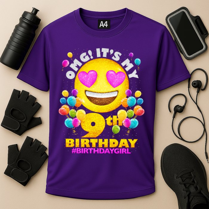 Cute OMG It's My 9th Birthday #BirthdayGirl Emoji Cooling Performance Crew T-Shirt