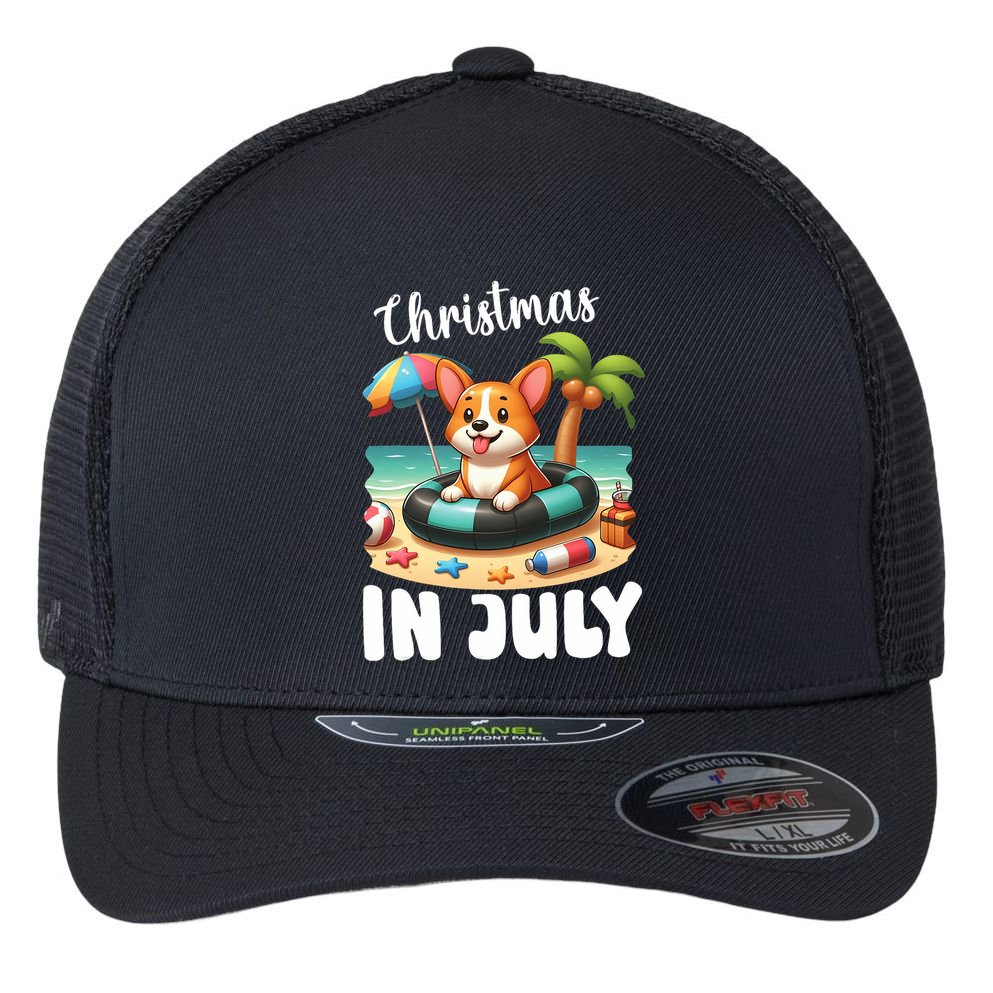 Corgi On Inflatable Boat Merry Christmas In July Day Lover Flexfit Unipanel Trucker Cap