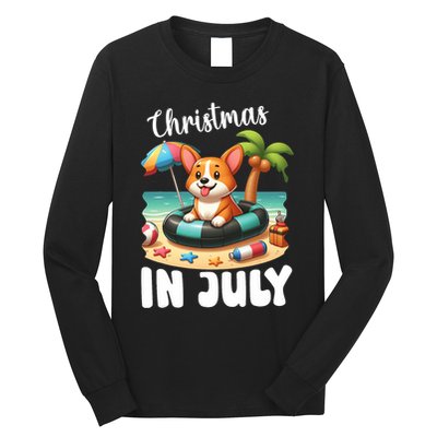 Corgi On Inflatable Boat Merry Christmas In July Day Lover Long Sleeve Shirt