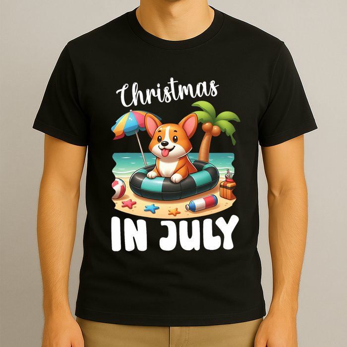 Corgi On Inflatable Boat Merry Christmas In July Day Lover T-Shirt