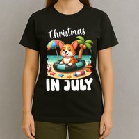 Corgi On Inflatable Boat Merry Christmas In July Day Lover T-Shirt