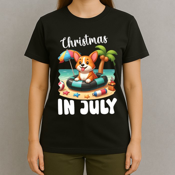 Corgi On Inflatable Boat Merry Christmas In July Day Lover T-Shirt