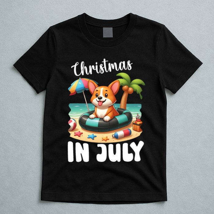 Corgi On Inflatable Boat Merry Christmas In July Day Lover T-Shirt