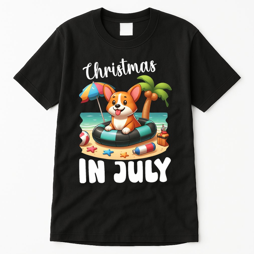 Corgi On Inflatable Boat Merry Christmas In July Day Lover Tall T-Shirt