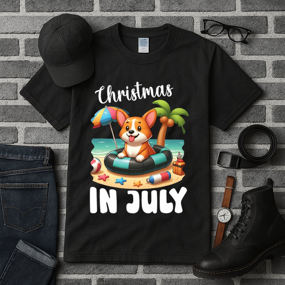 Corgi On Inflatable Boat Merry Christmas In July Day Lover Tall T-Shirt