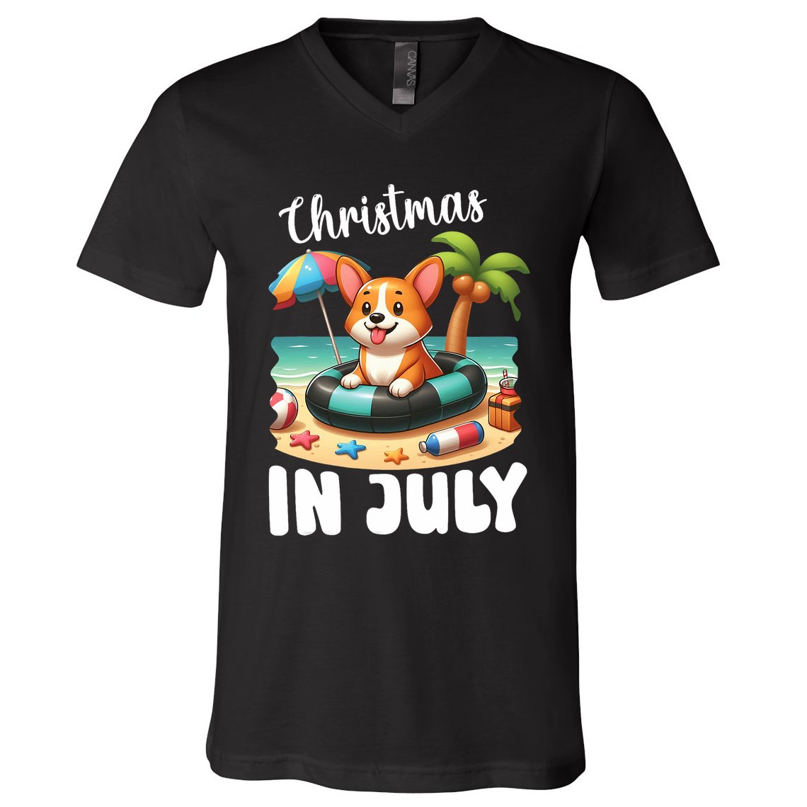 Corgi On Inflatable Boat Merry Christmas In July Day Lover V-Neck T-Shirt