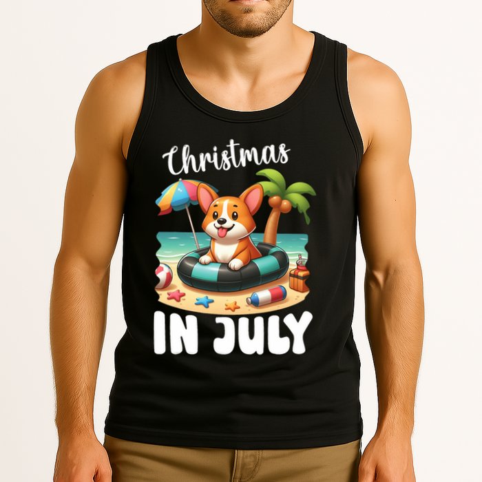 Corgi On Inflatable Boat Merry Christmas In July Day Lover Tank Top