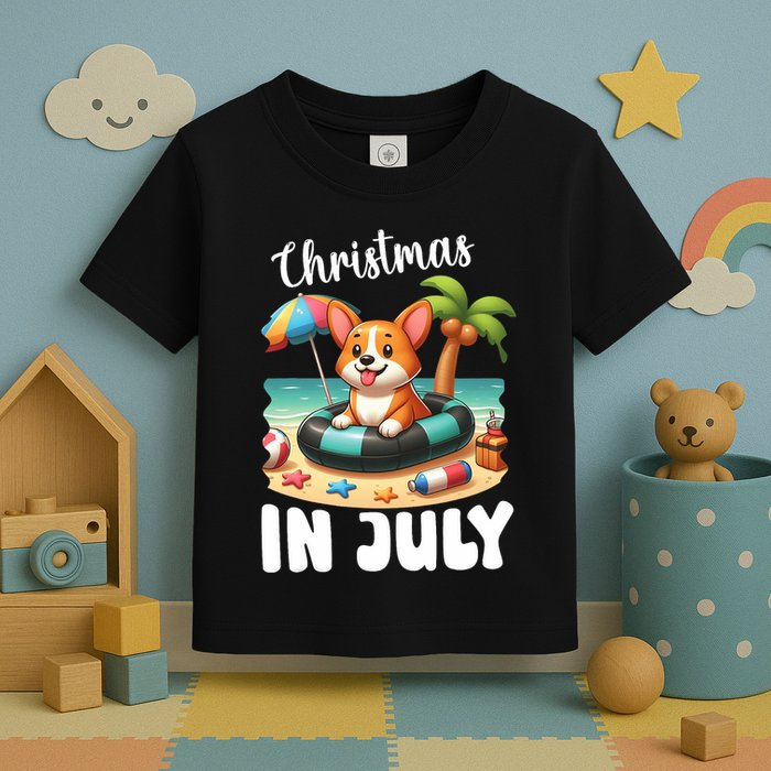 Corgi On Inflatable Boat Merry Christmas In July Day Lover Toddler T-Shirt