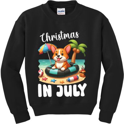 Corgi On Inflatable Boat Merry Christmas In July Day Lover Kids Sweatshirt