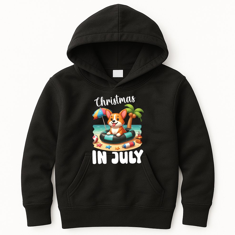Corgi On Inflatable Boat Merry Christmas In July Day Lover Kids Hoodie