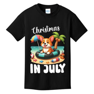 Corgi On Inflatable Boat Merry Christmas In July Day Lover Kids T-Shirt