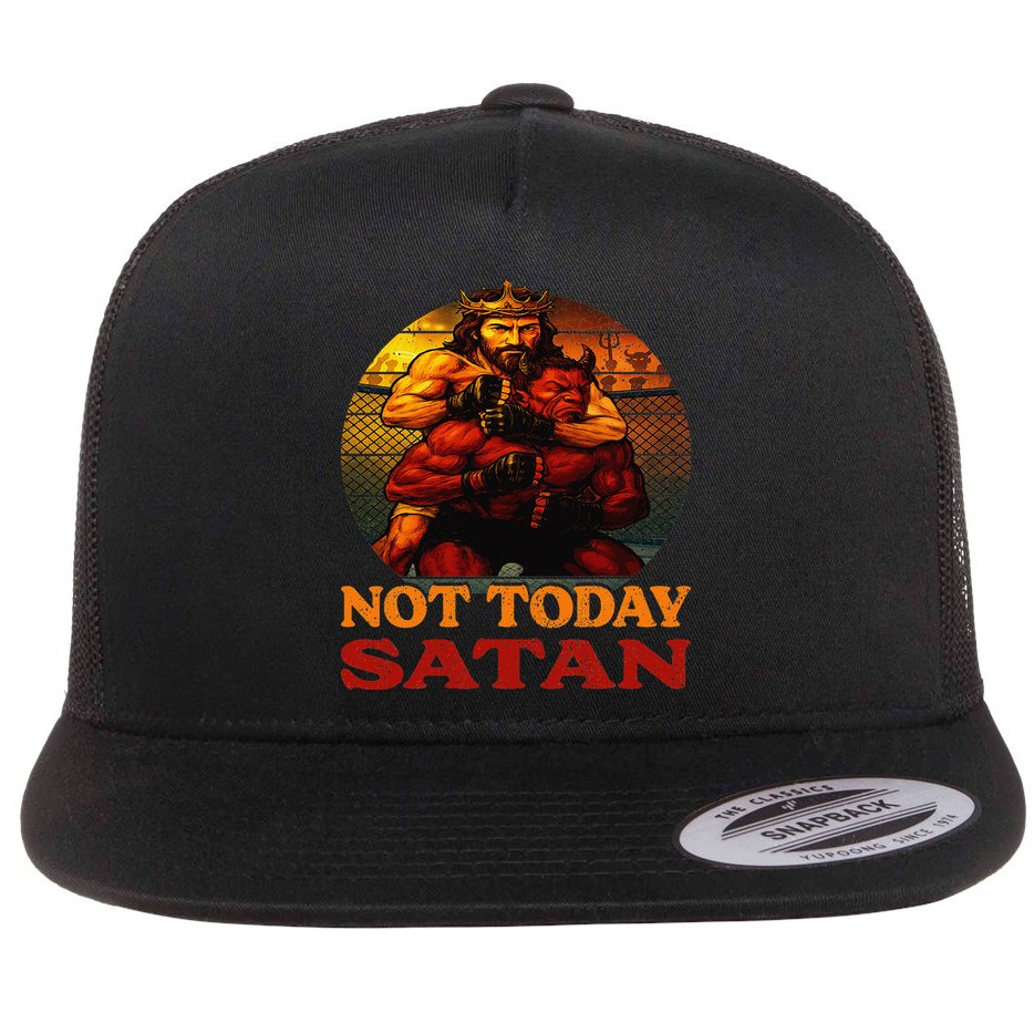 Christian Outfit Jesus Devil Comic Graphic Not Today Satan Flat Bill Trucker Hat