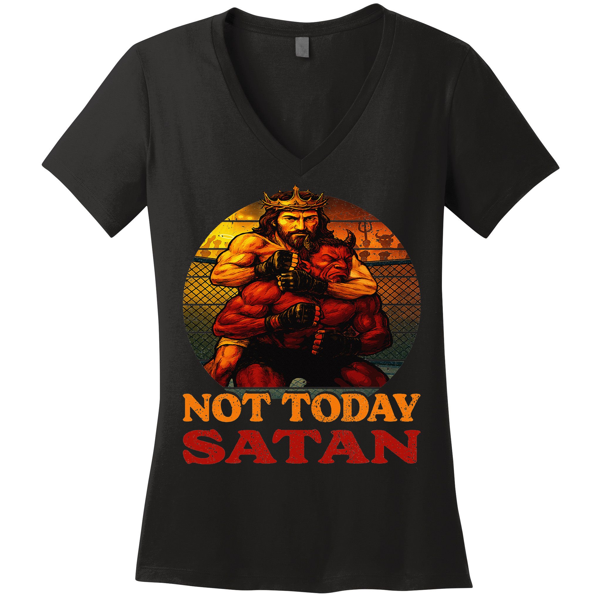 Christian Outfit Jesus Devil Comic Graphic Not Today Satan Women's V-Neck T-Shirt