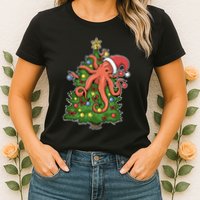 Christmas Octopus Kraken Squid Merry Christmas Tree Womens T-Shirt