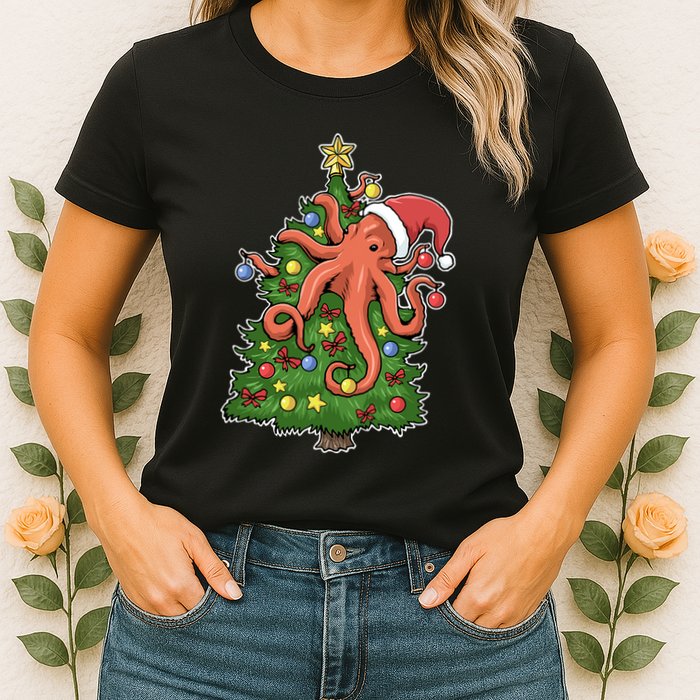 Christmas Octopus Kraken Squid Merry Christmas Tree Womens T-Shirt
