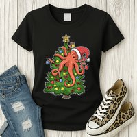 Christmas Octopus Kraken Squid Merry Christmas Tree Womens T-Shirt
